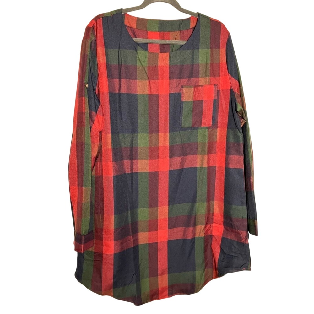 NWT Women's Cupshe Red & Blue Plaid‎ Casual Dress Roll-Tab Sleeves Pockets